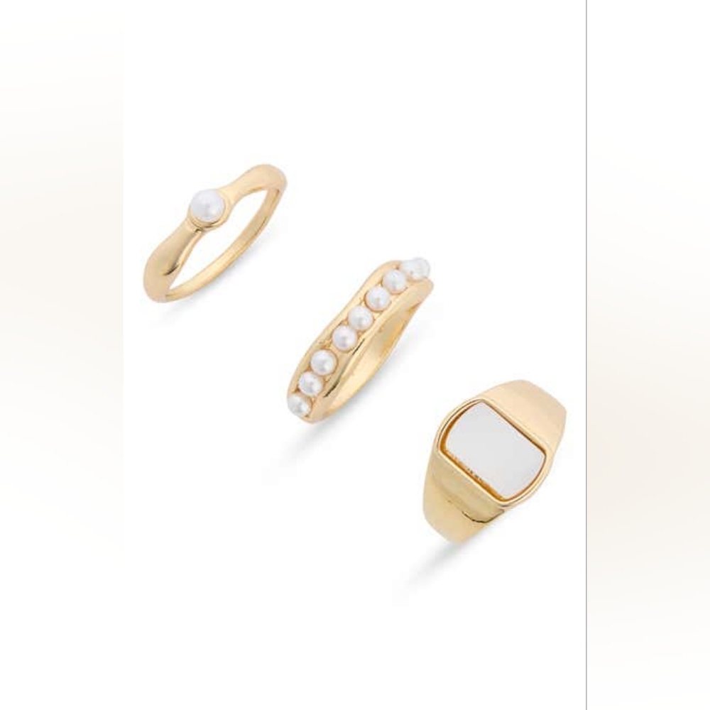 NORDSTROM RACK Set of 3 Imitation Pearl Ring, WHITE- GOLD